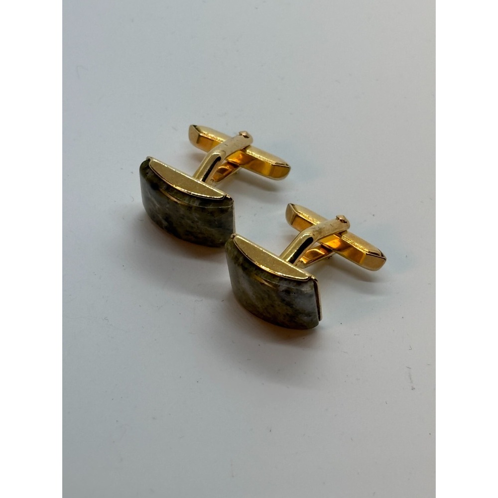 Cuff Links‎ Gold Tone Mid Century Vintage Green Agate - Picture 3 of 5